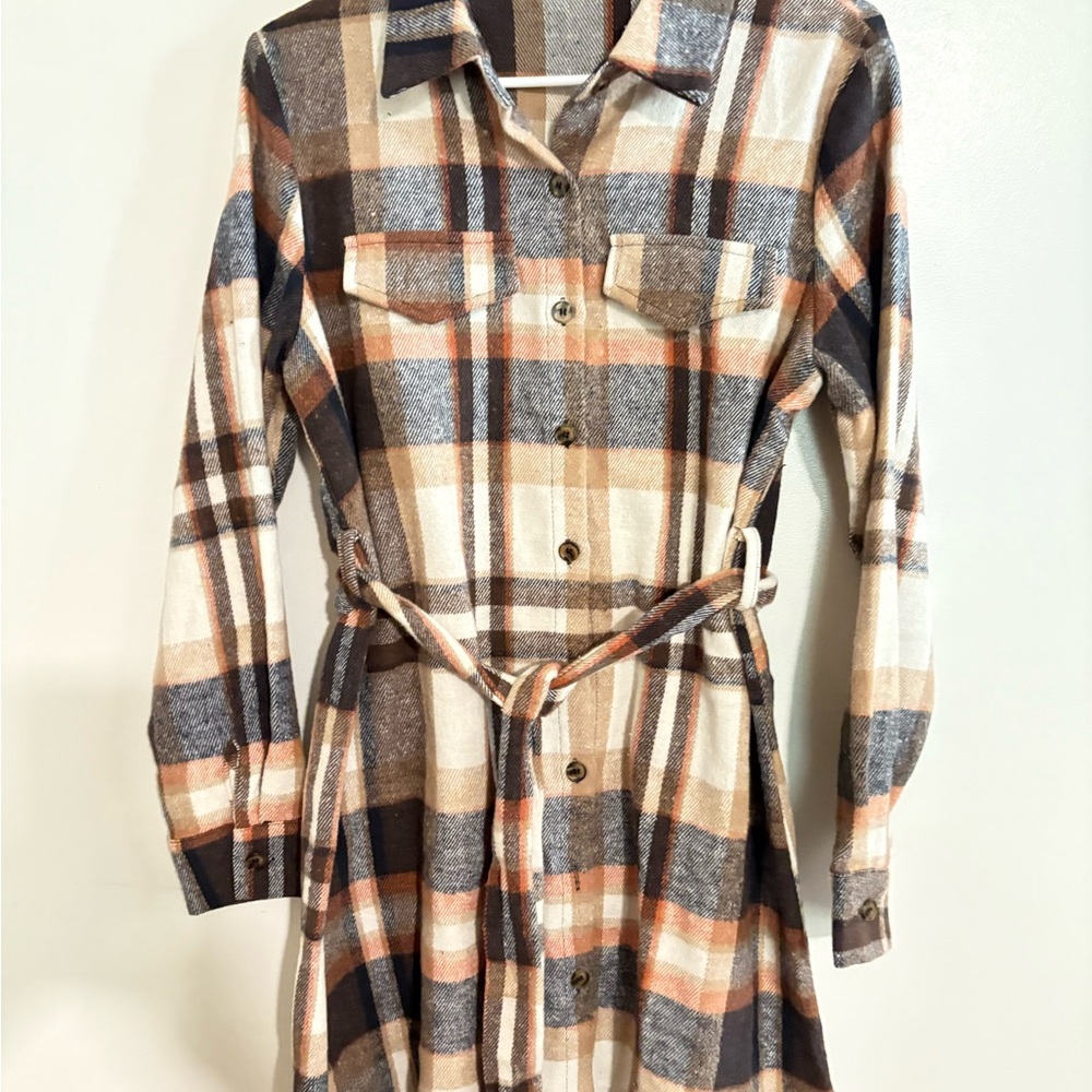 Plaid Button-Up Belted Dress